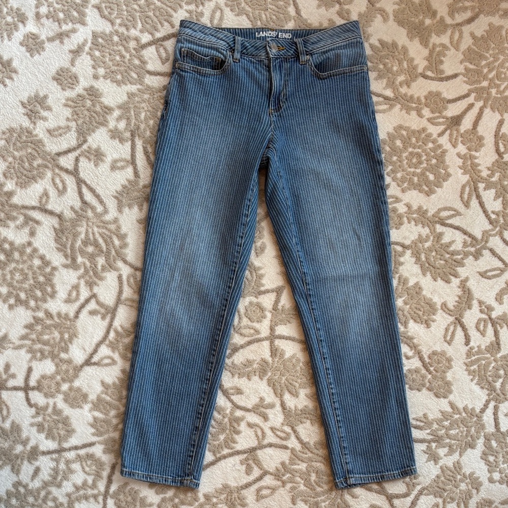 Lands' End Women's Pin-Striped‎ Blue Jeans💙🤍💙Sz Petite 2